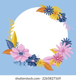 Text Frame Surrounded With Assorted Flowers Hearts And Leaves. Framework For Writing Ringed With Different Daisies, Hearts And Tree Leaves. Blue color. Circle shape.