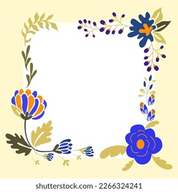 Text Frame Surrounded With Assorted Flowers Hearts And Leaves. Framework For Writing Ringed With Different Daisies, Hearts And Tree Leaves. Yellow color. Square shape.