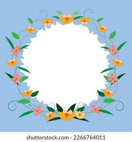 Text Frame Surrounded With Assorted Flowers Hearts And Leaves. Framework For Writing Ringed With Different Daisies, Hearts And Tree Leaves. Blue color. Circle shape.