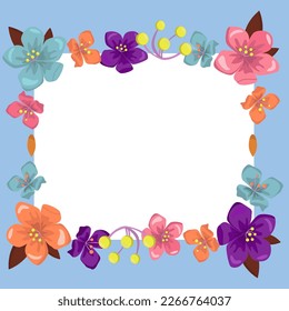 Text Frame Surrounded With Assorted Flowers Hearts And Leaves. Framework For Writing Ringed With Different Daisies, Hearts And Tree Leaves. Blue color. Square shape.