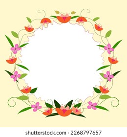 Text Frame Surrounded With Assorted Flowers Hearts And Leaves. Framework For Writing Ringed With Different Daisies, Hearts And Tree Leaves. Yellow color. Circle shape.