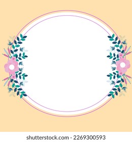 Text Frame Surrounded With Assorted Flowers Hearts And Leaves. Framework For Writing Ringed With Different Daisies, Hearts And Tree Leaves. Yellow color. Circle shape.