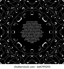 A text frame template with a black and white pattern. Useful for presentations, advertising and web design. Monochrome geometric background with label ready for your text.
