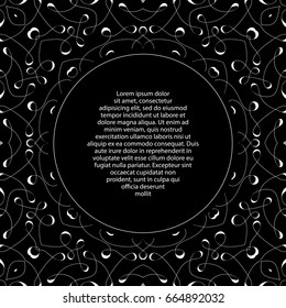 A text frame template with a black and white pattern. Useful for presentations, advertising and web design. Monochrome geometric background with label ready for your text.