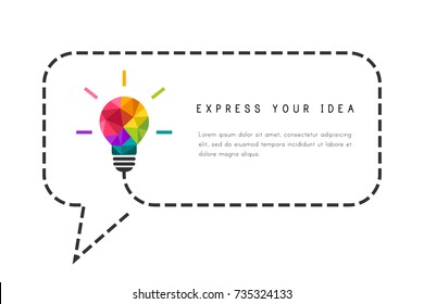 Text frame template with low poly lightbulb and speech bubble as creative idea concept