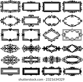 Conjunto de iconos de línea delgada del marco de texto. Kit de ornamento de borde de signo de contorno. Icono lineal de diseño de vintage