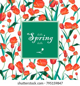 text frame vector illustration surrounded by red spring tulips on a white background