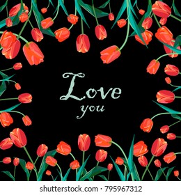 text frame vector illustration surrounded by red spring tulips on a dark background 