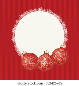 Text frame with white snowflakes border and three different Christmas balls with gold design. Vector Christmas card