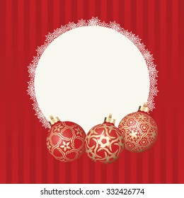 Text frame with white snowflakes border and three different Christmas balls with gold design. Vector Christmas card