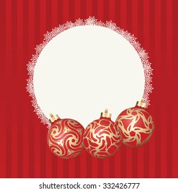 Text frame with white snowflakes border and three different Christmas balls with gold design. Vector Christmas card