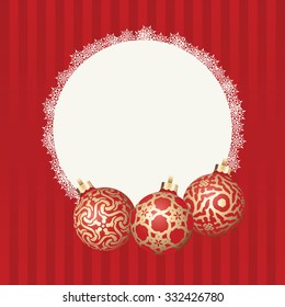 Text frame with white snowflakes border and three different Christmas balls with gold design. Vector Christmas card