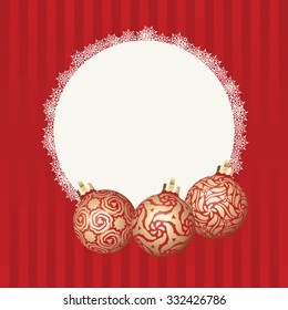 Text frame with white snowflakes border and three different Christmas balls with gold design. Vector Christmas card