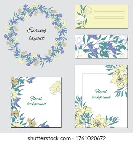 Text frames and banners with delicate yellow flowers. Business cards and tags with vintage flowers for advertising, greetings and invitations.