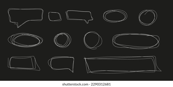 Text frames and callouts. Collection of swirling lines in elements irregular shape - oval, rectangular, round. Set of white doodles on a black background. Doodle sketch style.