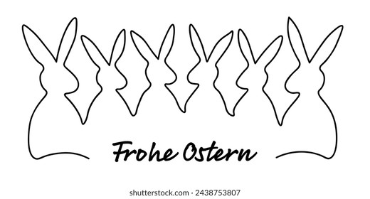 Text Frohe Ostern, Happy Easter. Cute simple Easter Bunnies or Rabbits cartoon line art banner. Line drawing style of the Chinese new year. Icon, logo, symbol and print template