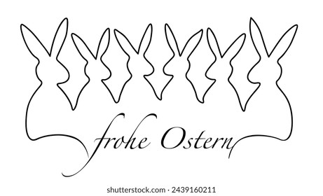 Text Frohe Ostern, Happy Easter. Cute simple Easter Bunnies or Rabbits cartoon line art banner. Line drawing style of the Chinese new year. Icon, logo, symbol and print template