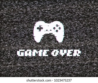 Text Game over on glitch background. Screen of analog tv with gameplay vector illustration