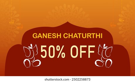 Text Ganesh Chaturthi 50% OFF
Two elephants representing Lord Ganesha orange background with mandala art temple shape in brown colour