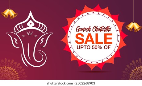 Texto Ganesh Chaturthi REBAJAS HASTA 50% DE DESCUENTO
Esquema blanco de Lord Ganesha en el lado izquierdo
Colgando campanas de oro en ambos lados
Fondo marrón con Elementos decorativos dorados