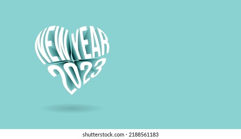 Text gentle inscription in the heart. Happy new year 2023. Cute vector calligraphic style. Turquoise or blue background with place for text.