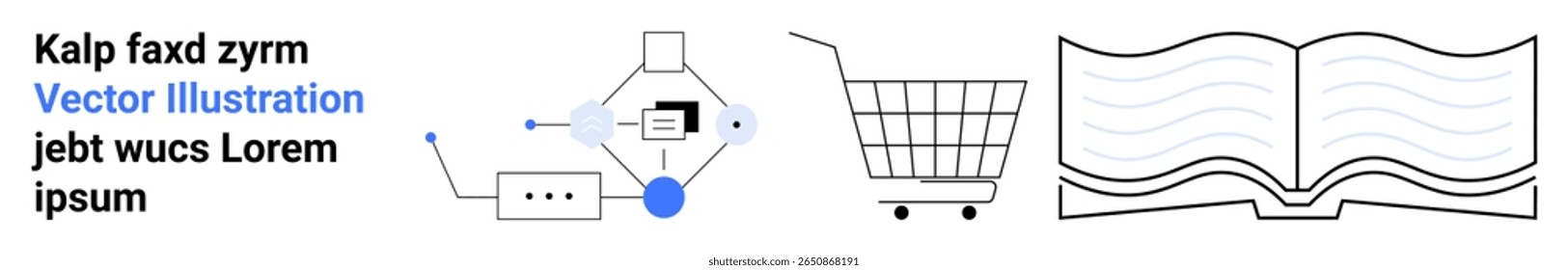 Text and geometric circuit element, shopping cart icon, open book graphic. Ideal for technology, e-commerce, education, digital literacy, innovation, information dissemination. Banner for landing