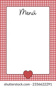 Menü - text in German language - Menu. Menu card with a heart on a red and white checkered background. Free space for text.