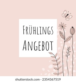 Frühlingsangebot - Text in deutscher Sprache - Frühjahrsangebot. Verkaufsbanner mit liebevoll gezogenen Blumen und Schmetterling in Rosentönen.