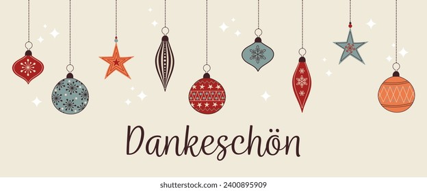 Dankeschön - text in German language - Thank you. Thank you card with colorful Christmas baubles.