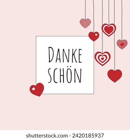 Dankeschön - text in German language - Thank you very much. Square thank you card with hanging hearts and a light pink frame.