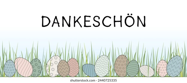 Dankeschön - text in German language - Thank you very much. Thank you card with pastel-colored Easter eggs in the grass.