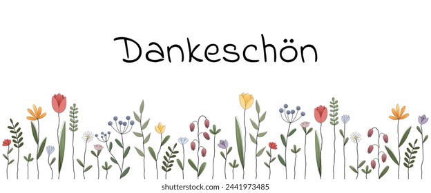 Dankeschön - text in German language - Thank you very much. Thank you card with colorful Spring flowers.