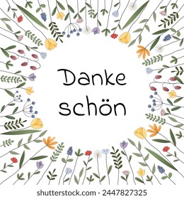 Dankeschön - text in German language - Thank you very much. Square thank you card with a frame of colorful flowers.