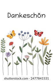 Dankeschön - text in German language - Thank you very much. Cheerful thank you card with colorful flowers and butterflies.