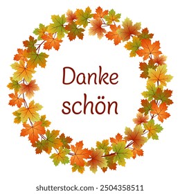 Dankeschön - Text in deutscher Sprache - Vielen Dank. Karte mit einem Kranz bunter Ahornblätter.