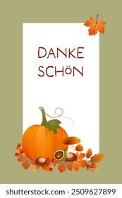 Dankeschön - text in German language - Thank you very much. Autumn card with a pumpkin, leaves and berries on a green frame.