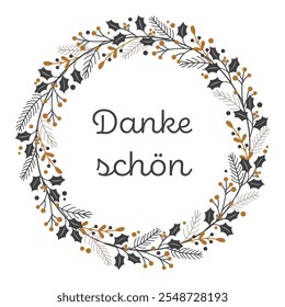 Dankeschön  - text in German language -Thank you very much. Thank card with a wreath of winter branches in gold and gray tones.