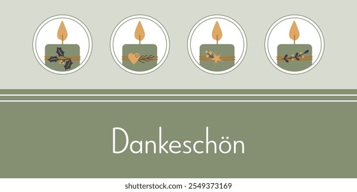 Dankeschön - text in German language - Thank you very much. Thank you card with four decorated candles in green, gold and anthracite.