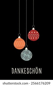 Dankeschön - text in German language - Thank you very much. Thank you card with colorful Christmas tree baubles on a black background.