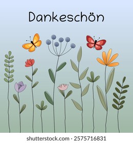 Dankeschön - text in German language - Thank you very much. Square thank you card with butterflies and a flower meadow.