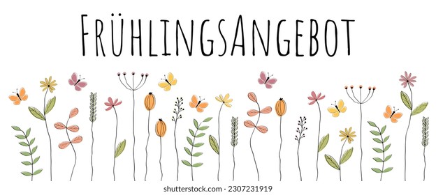 Frühlingsangebot - Text in German - Spring offer. Sales banner with lovingly drawn flowers and butterflies.