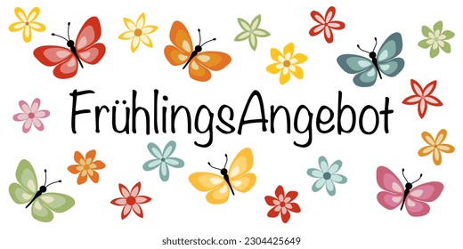 Frühlingsangebot - text in German - Spring Sale. Sales banner with colorful butterflies and flowers.