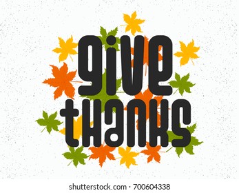 Text Give Thanks on autumn leaves decorated background.