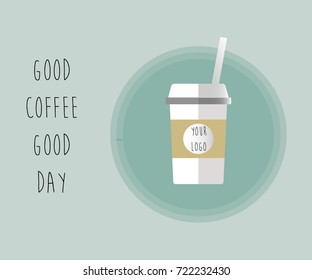 Text and glass of coffee in blue background vector logo