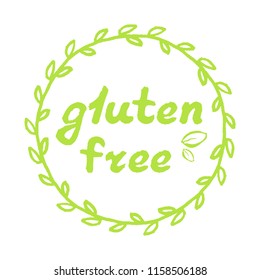 Text Gluten Free in round frame with green leafs. Vector illustration

