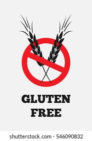 Text Gluten Free, Wheat, prohibitory sign. Isolated label.  Vertical.