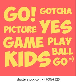 Text GO YES GAME GOTCHA and other comic style illustrations vector flat art