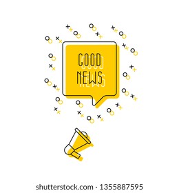 text 'good news' in speech bubble and loudspeaker on yellow background. flat thin line vector illustration. modern banner and poster business, marketing, advertising concept template. eps 10