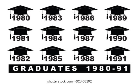 Text with graduation hat  1980-1991 set on a white illustration