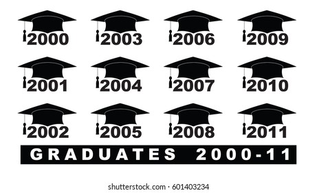 Text with graduation hat  2000-2011 set on a white illustration